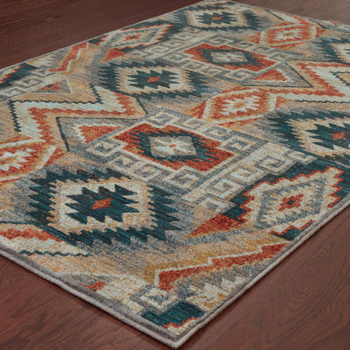 10' x 13' Geometric Power Loom Stain Resistant Area Rug - Blue Teal Gray Orange Gold Ivory And Rust