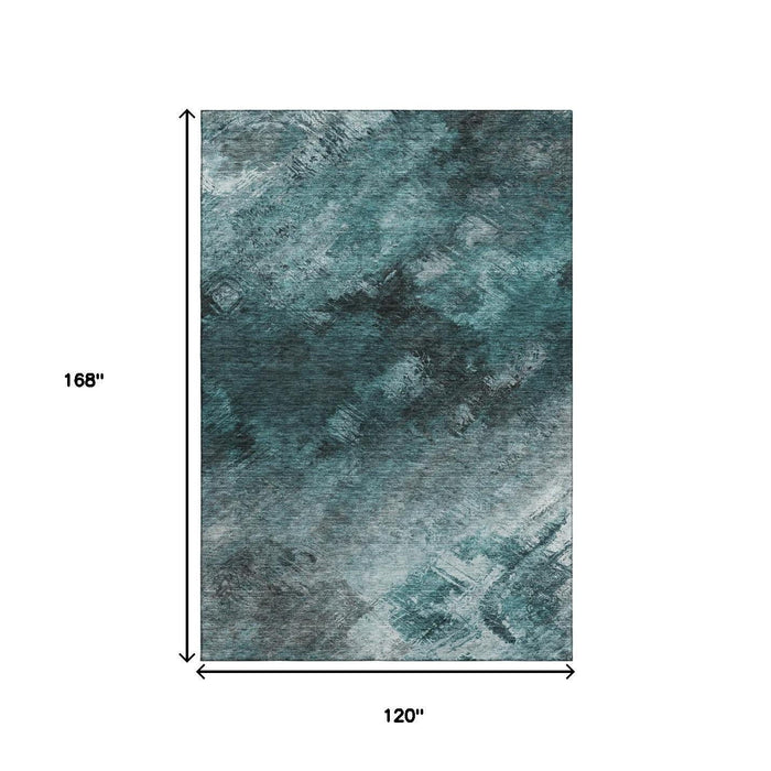 10' X 14' Abstract Washable Area Rug With UV Protection (650536) - Teal / Ivory / Gray