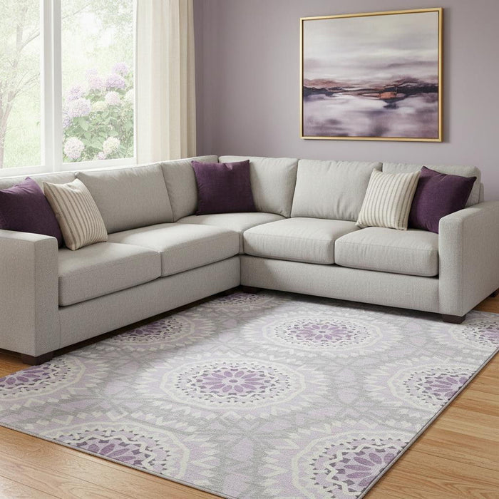 10' X 14' Geometric Washable Area Rug With UV Protection (652257) - Lilac / Ivory
