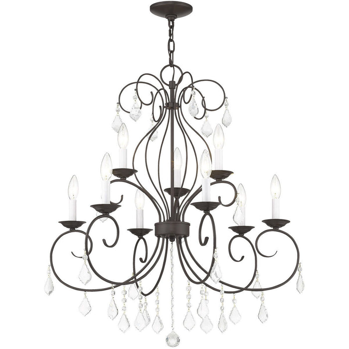 Nine Light Metal Dimmable Chandelier With Shades - Bronze / Clear