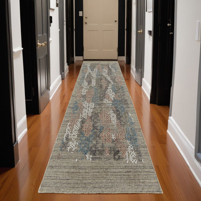 10' Abstract Hand Woven Runner Rug - Pink Blue And Taupe