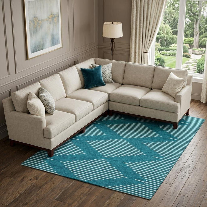 10' X 14' Geometric Washable Area Rug With UV Protection (679786) - Teal / Ivory