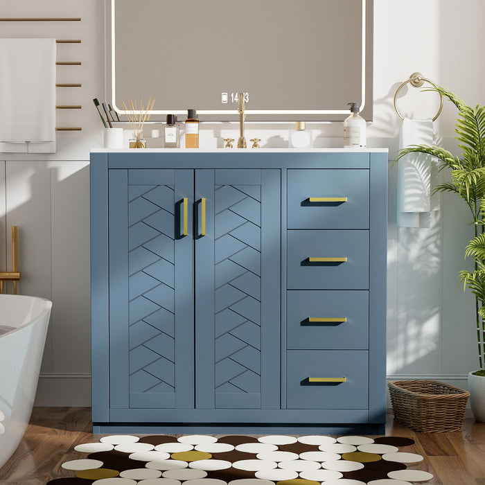 Giga bathroom vanity with sink, storage cabinet, three drawers, and soft closing doors in a freestanding design