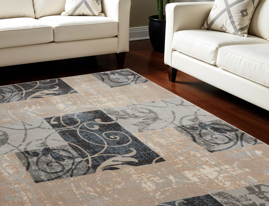 9' X 13' Floral Vines Non Skid Area Rug - Tan