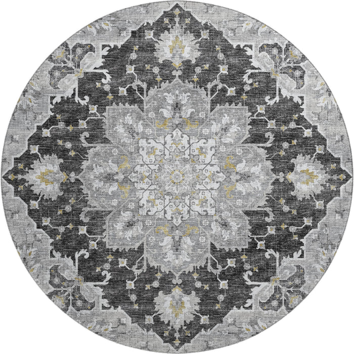 8' Floral Medallion Distressed Washable Round Rug With UV Protection (644547) - Graphite / Gold / Charcoal