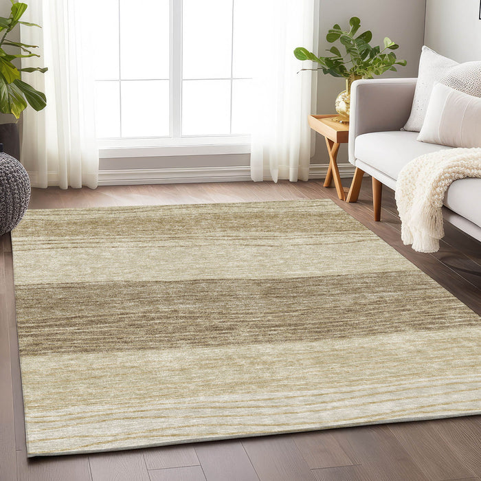 10' X 14' Striped Washable Area Rug With UV Protection - Beige And Brown