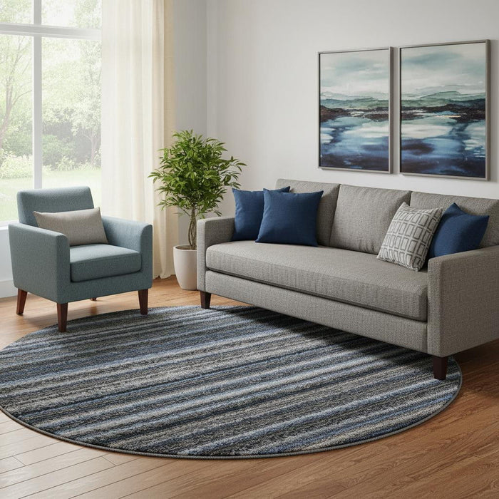 8' Striped Washable Round Rug With UV Protection (650779) - Blue / Gray