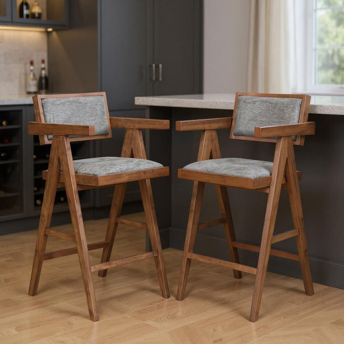 Solid Wood Fabric Low Back Bar Chairs (Set of 2) - Gray