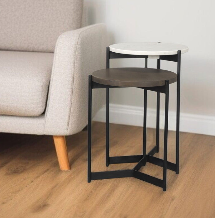 Marble Solid Wood And Metal Round Nested Tables (Set of 2) - Black And Dark Brown