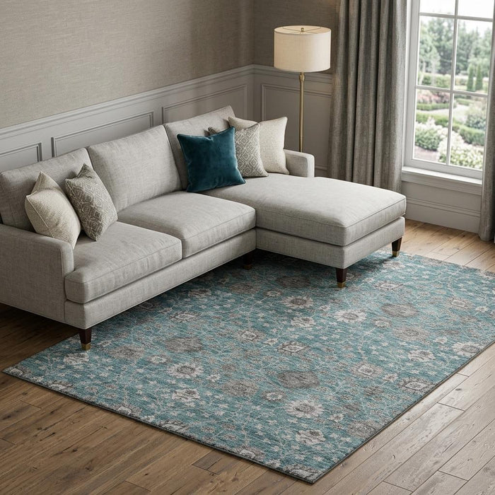 10' X 14' Floral Washable Area Rug With UV Protection (687023) - Teal / Gray / Silver