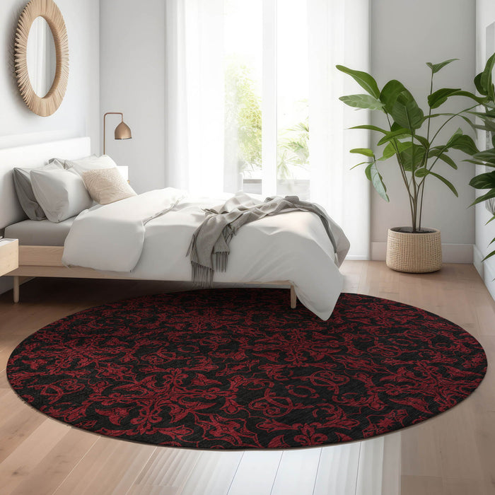 8' Medallion Washable Round Rug With UV Protection - Red And Black