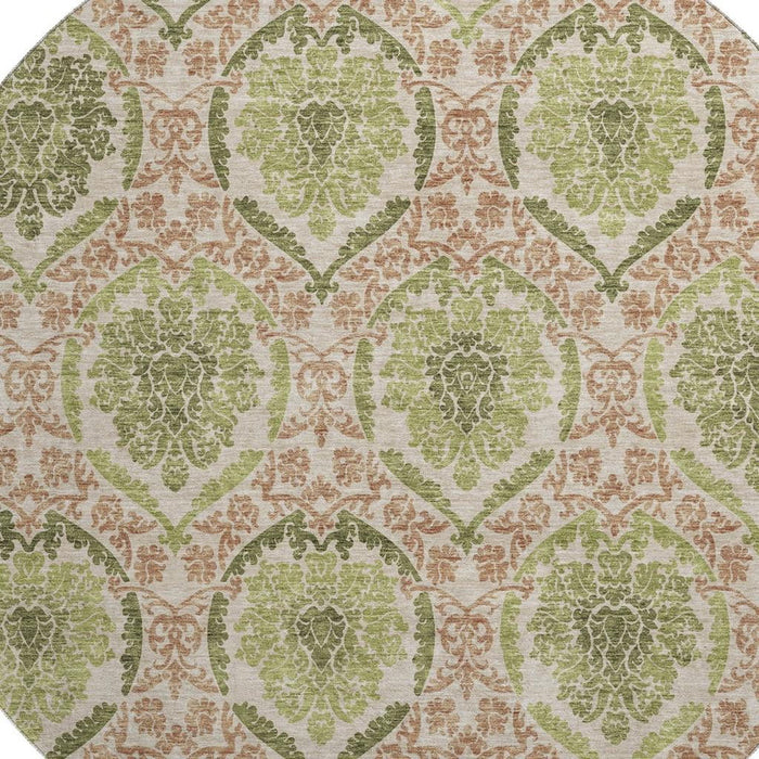 8' Medallion Washable Round Rug With UV Protection - Olive Green And Copper