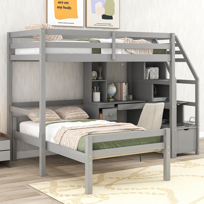 Giga loft bed with standalone bed, storage stairs, desk, shelves, and drawers in a modern bedroom setting