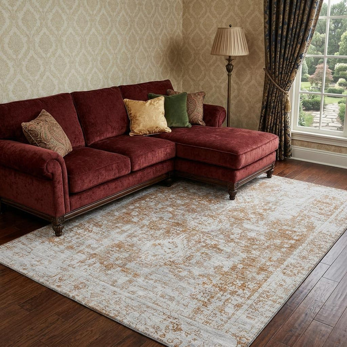10' X 14' Oriental Washable Area Rug With UV Protection (692022) - Terra Cotta / Silver
