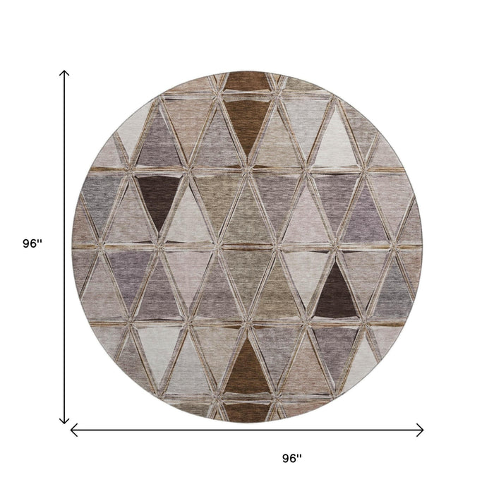 8' Geometric Washable Round Rug With UV Protection (657614) - Brown / Gray / Ivory