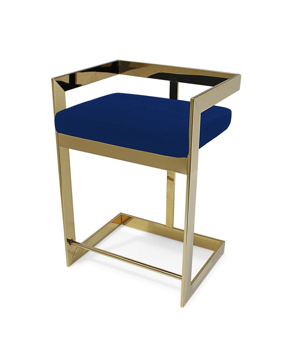 26" Metal And Velvet Low Back Counter Height Bar Chair - Blue / Gold