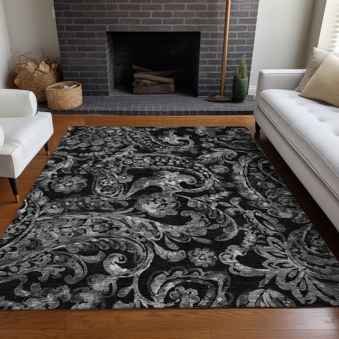 10' X 14' Paisley Washable Area Rug With UV Protection - Black And Silver