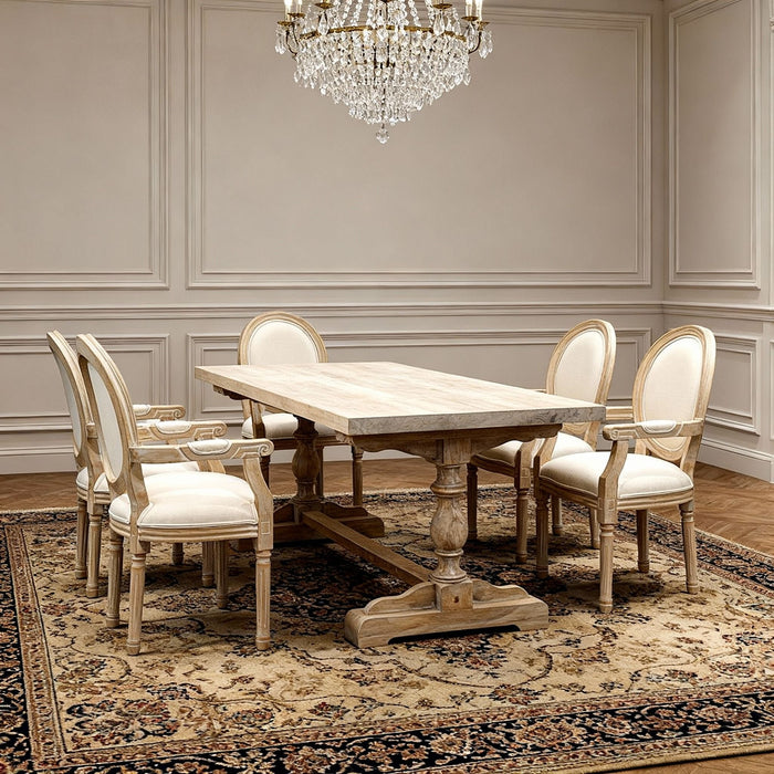 Set of two Giga French vintage upholstered fabric dining armchairs with elegant armrests and classic design.