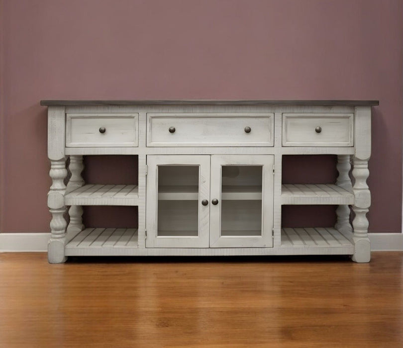 Solid Wood, Open Shelving Distressed TV Stand - Ivory
