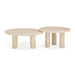 Set of two TOV Furniture Amora indoor outdoor nesting accent tables with travertine tops and sleek metal legs.