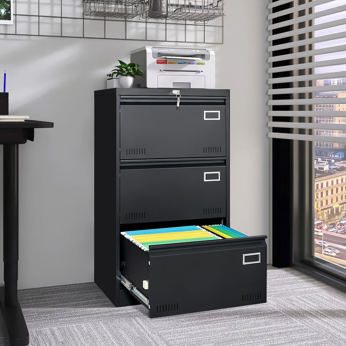 Giga 3-drawer locking metal lateral filing cabinet for home office, with sturdy drawers and secure lock system.