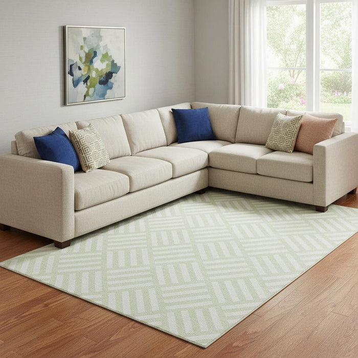8' X 10' Geometric Washable Area Rug With UV Protection (652381) - Mint Green / Ivory