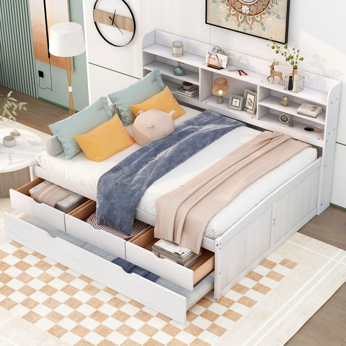 Giga Captain Bed with built-in bookshelves, three storage drawers, and a trundle bed for versatile sleeping and storage options.