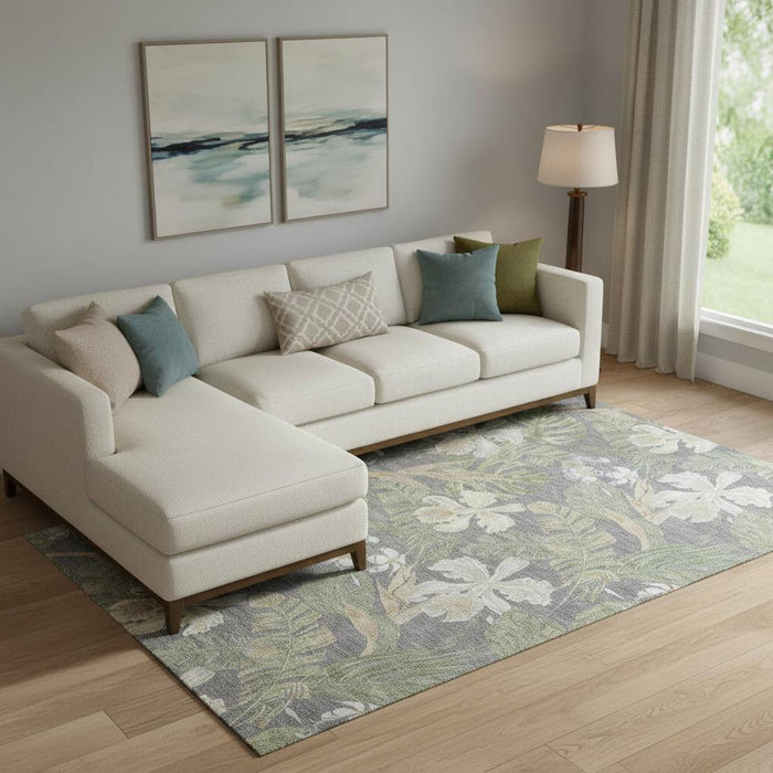 10' X 14' Floral Washable Area Rug With UV Protection (697836) - Gray / Green / Beige