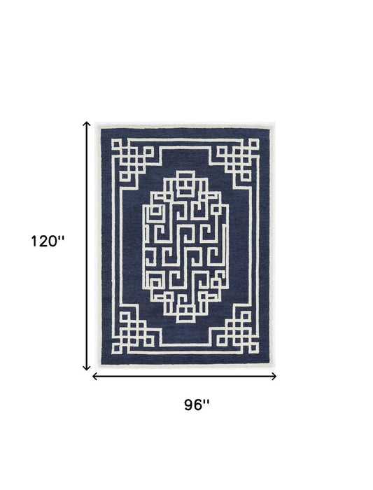 8' x 10' Hand Tufted Greek Key Medallion Indoor Area Rug - Navy Blue Ivory
