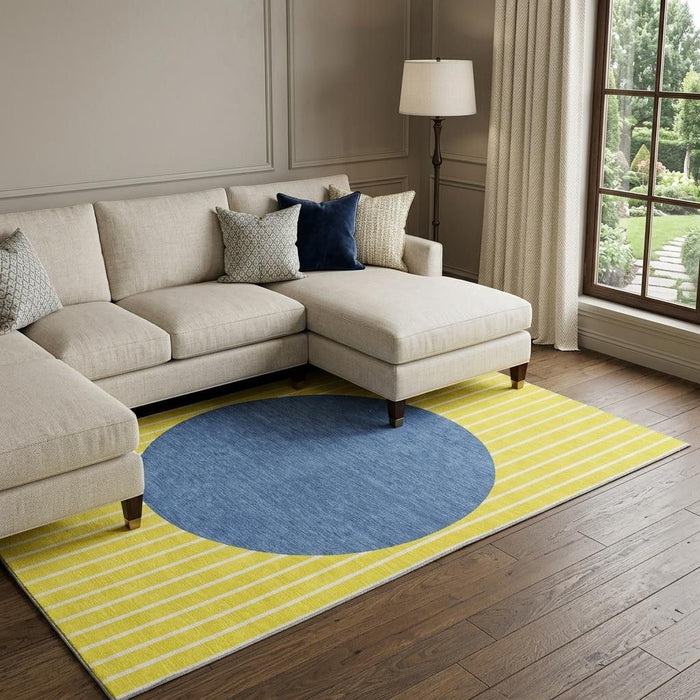 10' X 14' Striped Washable Area Rug With UV Protection (678341) - Yellow / Ivory / Blue