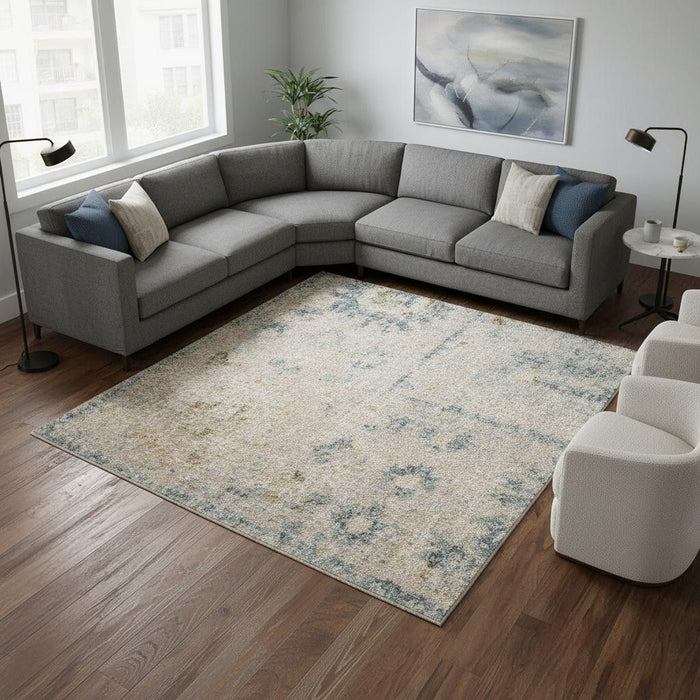 7' X 9' Floral Distressed Area Rug (556356) - Blue