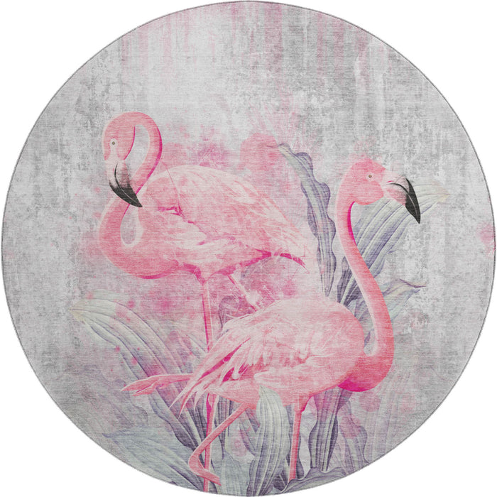 8' Island Geometric Washable Round Rug With UV Protection - Pink