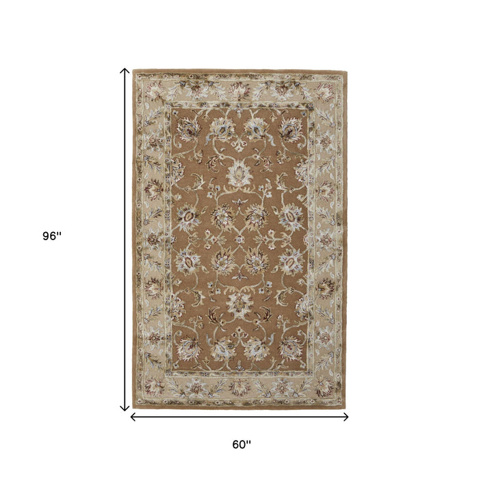 5' X 8' Floral Hand Tufted Area Rug - Tan And Ivory
