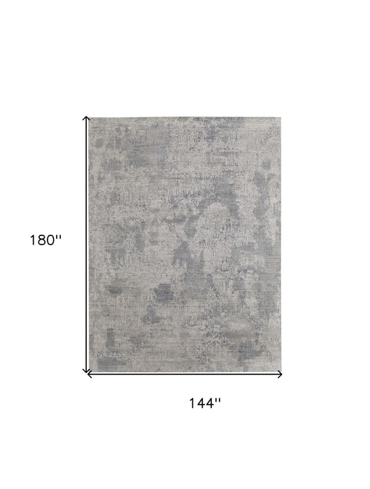 12' x 15' Casual Abstract Hand Woven Worn Faded Wool Blend Area Rug - Gray And Silver