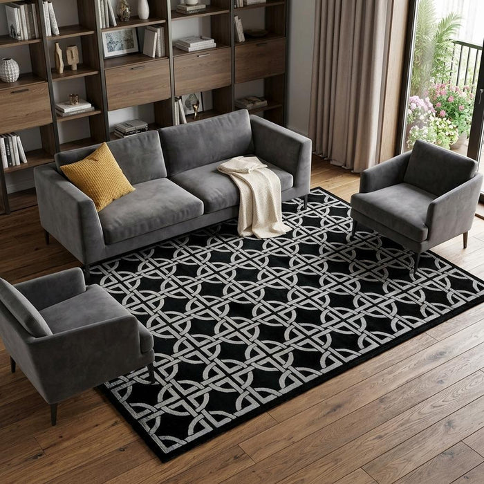 9' X 12' Wool Abstract Hand Knotted Area Rug (744344) - Black / Silver