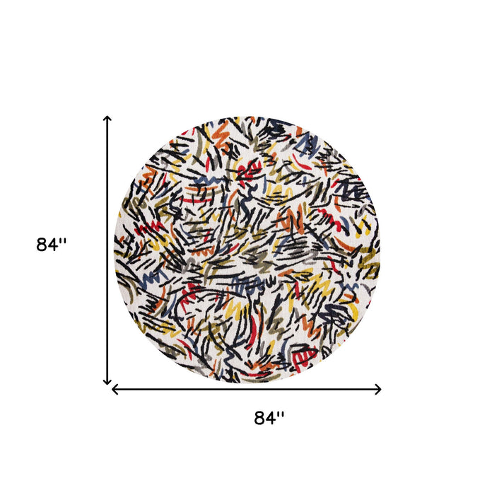 8' Round Abstract Non Skid Area Rug - White