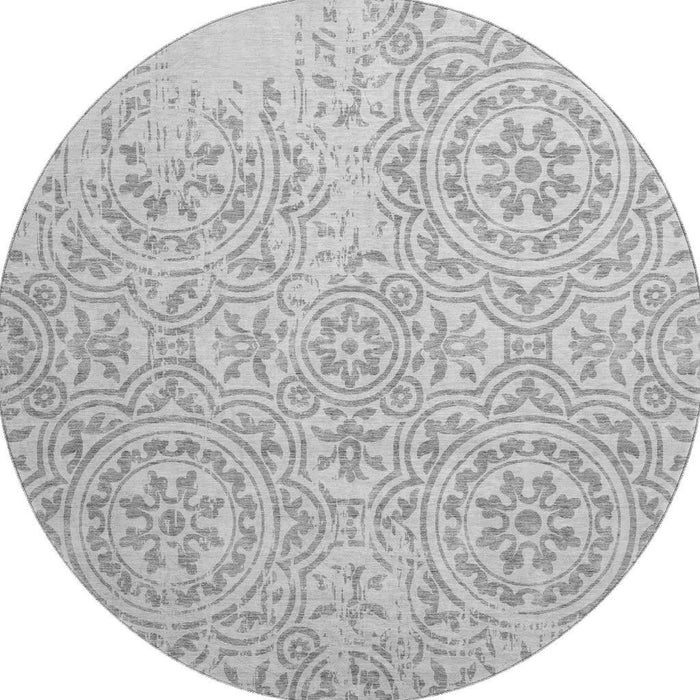 8' Medallion Washable Round Rug With UV Protection - Silver / Gray