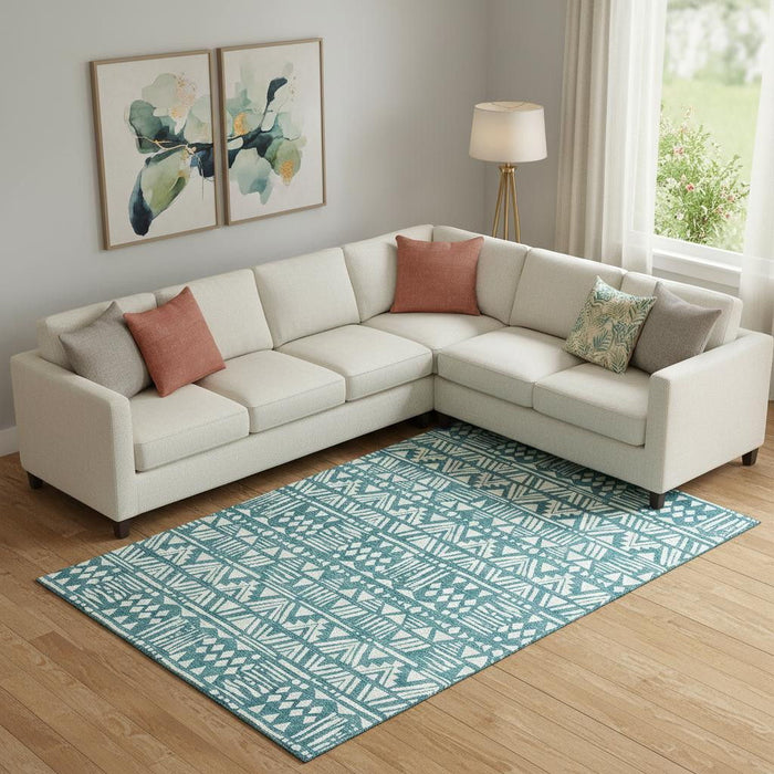 10' X 14' Southwestern Washable Area Rug With UV Protection (672140) - Teal / Ivory