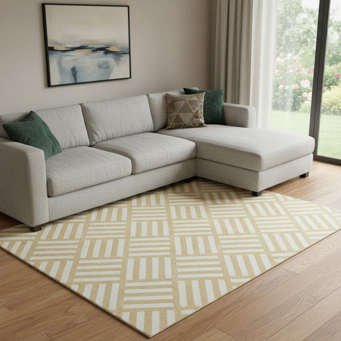 9' X 12' Geometric Washable Area Rug With UV Protection (652358) - Gold / Ivory