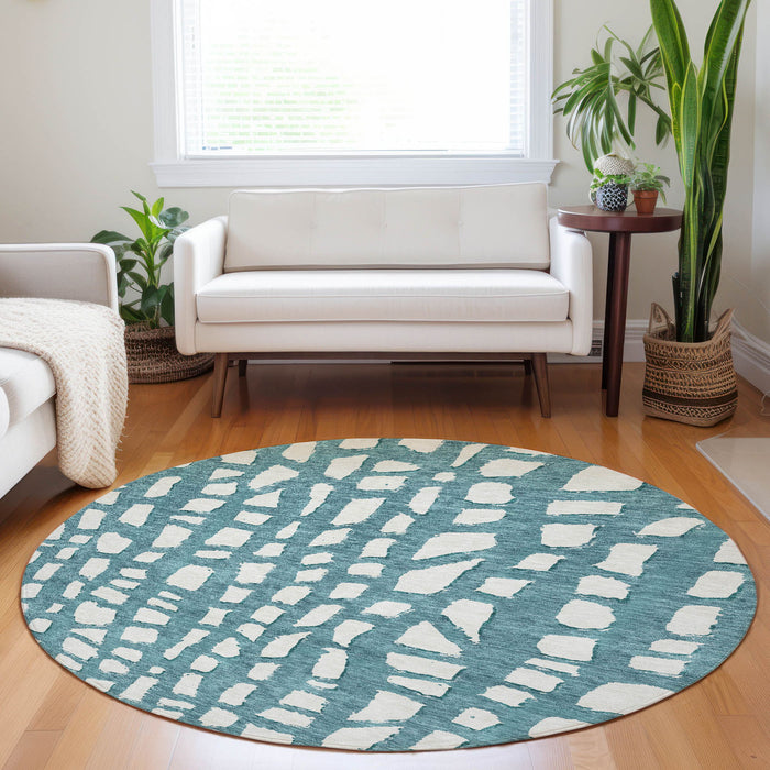 8' Cobblestone Washable Round Rug With UV Protection - Teal And Ivory