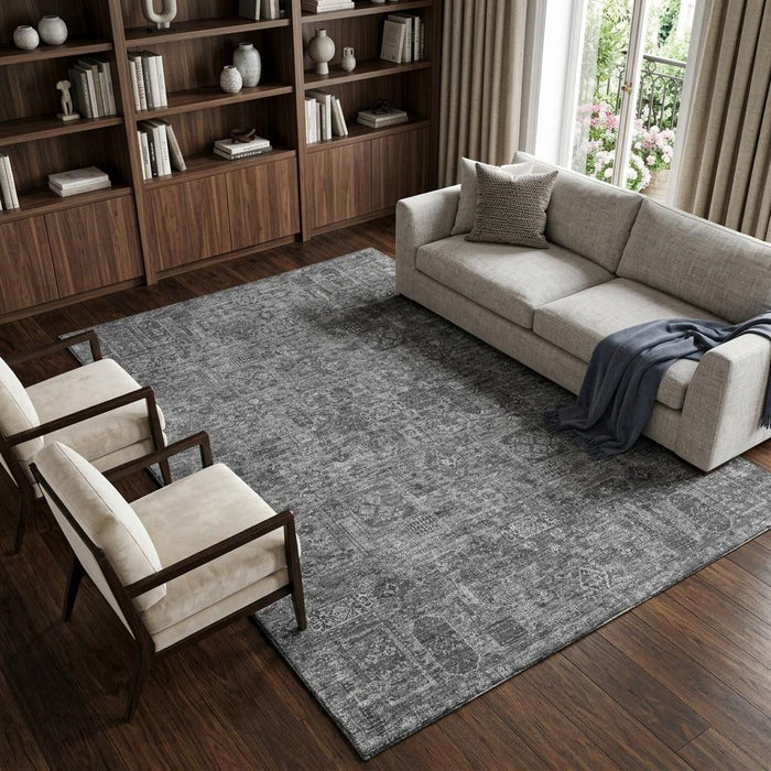 8' X 10' Floral Washable Area Rug With UV Protection (651170) - Charcoal / Silver