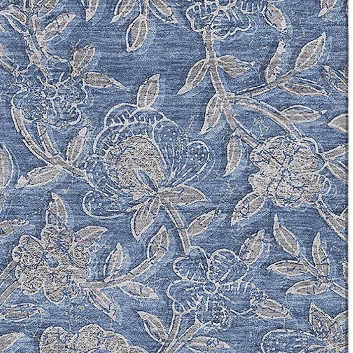 9' X 12' Floral Washable Area Rug With UV Protection - Denim Blue And Taupe