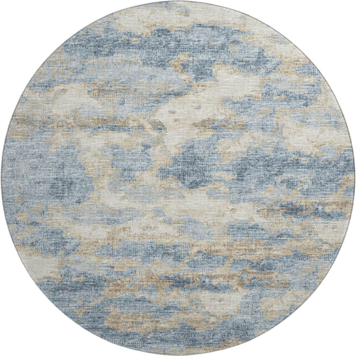 8' Abstract Washable Round Rug With UV Protection - Blue And Gold