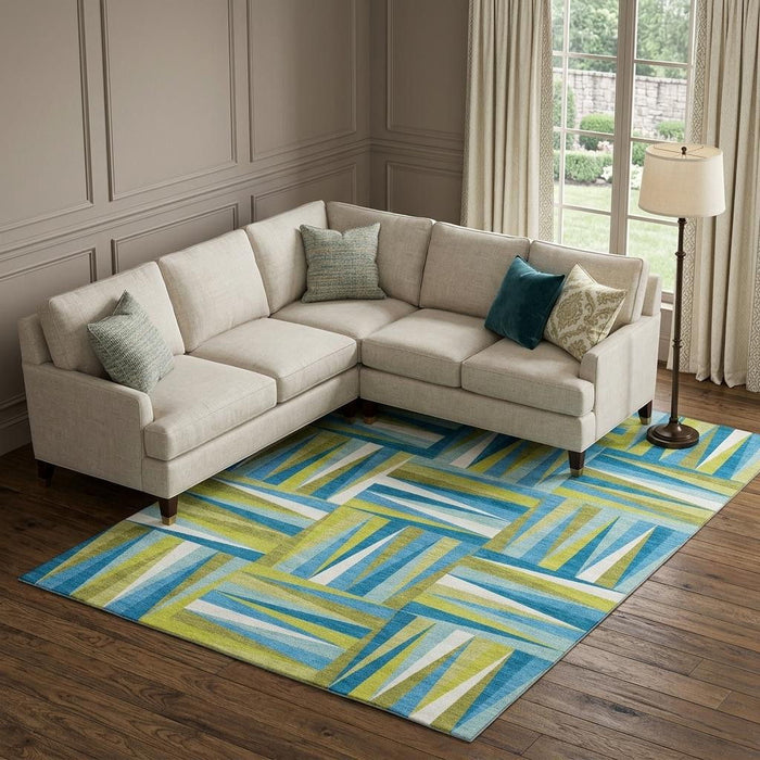 10' X 14' Geometric Washable Area Rug With UV Protection (679468) - Teal / Green / Ivory