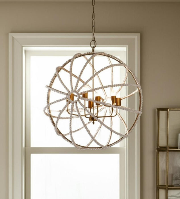 HomeRoots Empire six-light metal and beads chandelier with white and gold finish, featuring a modern dimmable design.