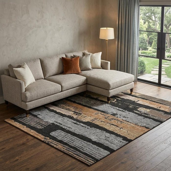 10' X 14' Striped Washable Area Rug With UV Protection (696482) - Black / Copper / Gold