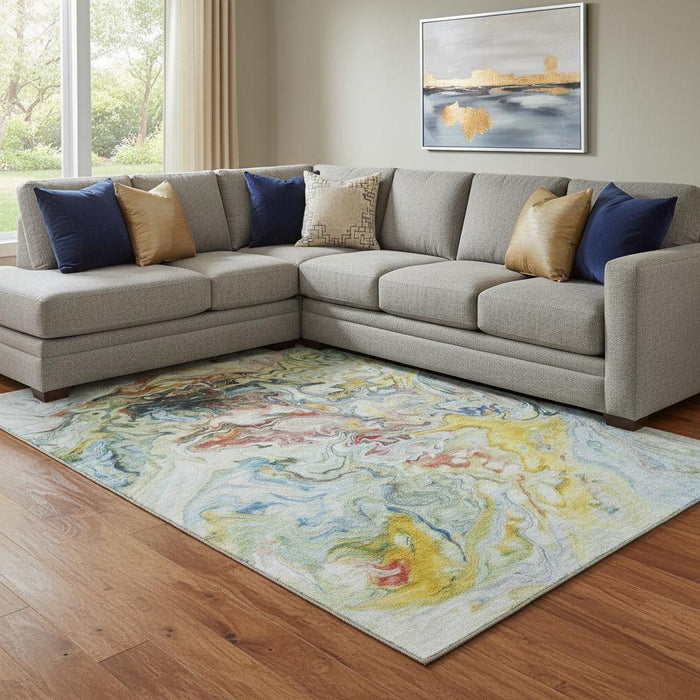 8' X 10' Abstract Washable Area Rug With UV Protection (650960) - Ivory / Yellow / Blue