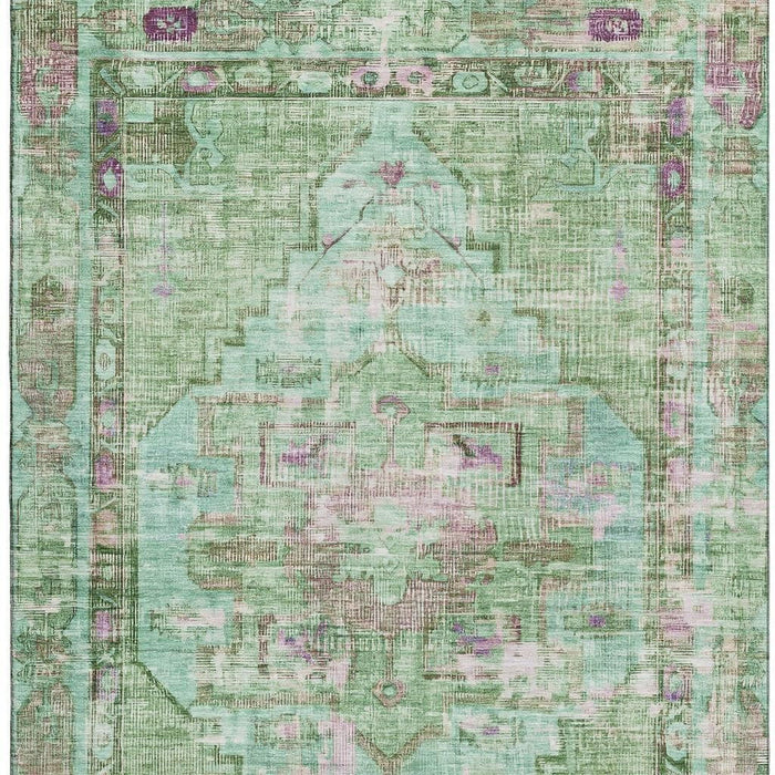 HomeRoots 10' x 14' washable Oriental area rug featuring artichoke green, lavender, and teal colors with UV protection.