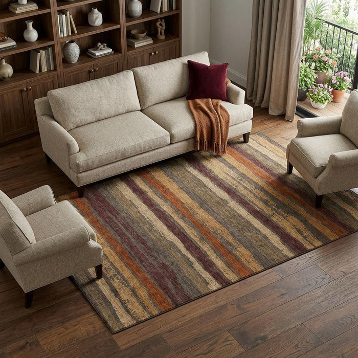 10' X 14' Striped Washable Area Rug With UV Protection (680001) - Chocolate / Gold / Burgundy