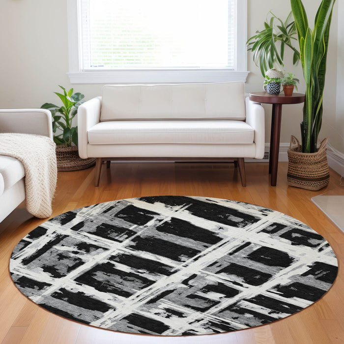 8' Striped Washable Round Rug With UV Protection - Black And Silver